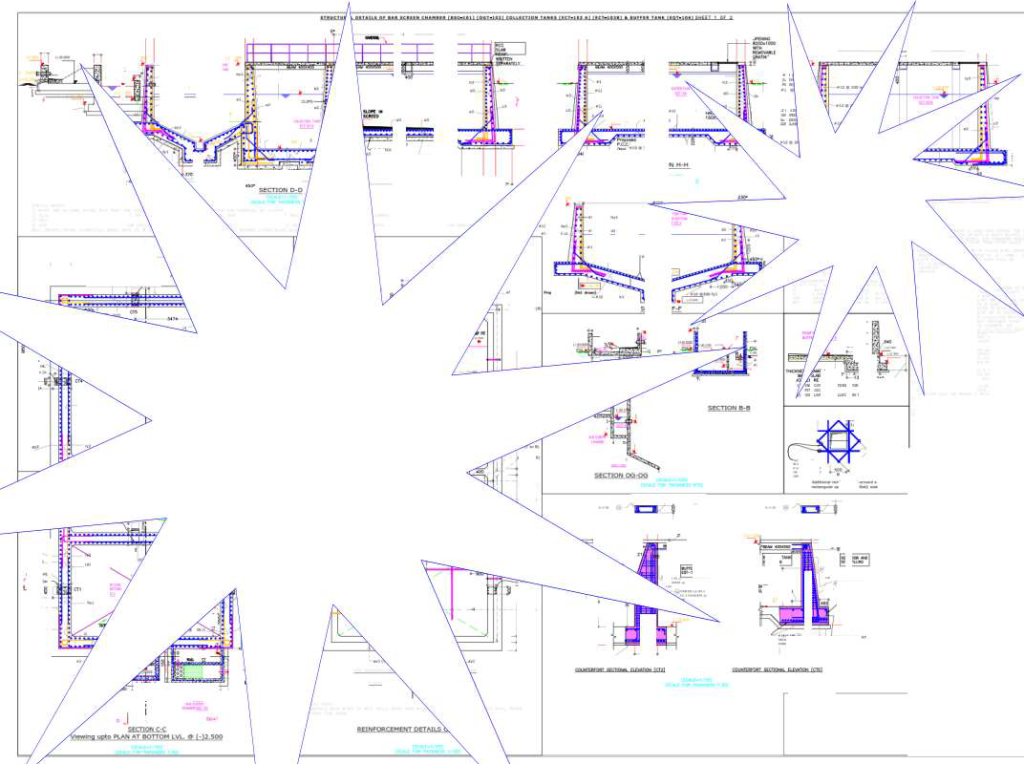 Foundation plan with rebar sections for structural elements of an ETP, showcasing detailed engineering by Arun Chugh