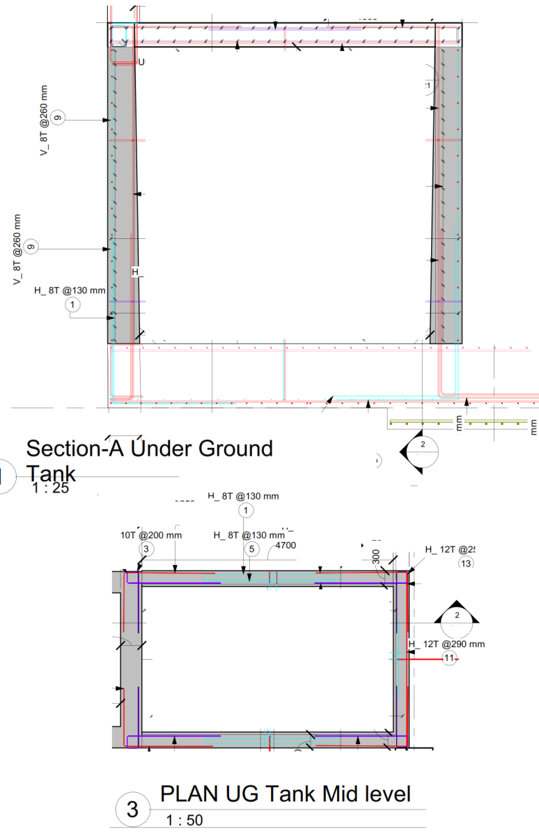 Detailed plan and section views of underground rectangular water tank, showing RCC walls, base slab, cover slab, and reinforcement details